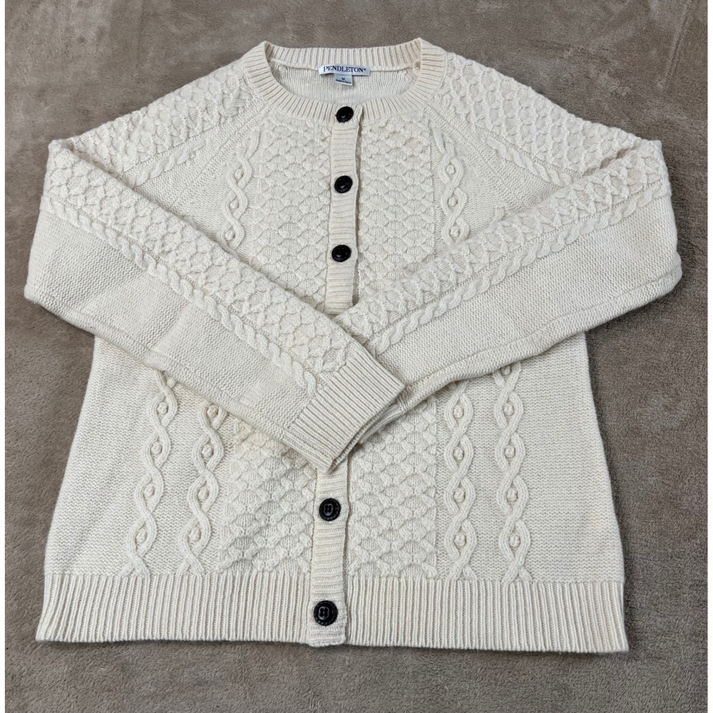 Pendleton Cable-Knit Cardigan Women's M Cream Lambs Wool Nylon Crew-neck L/S EUC